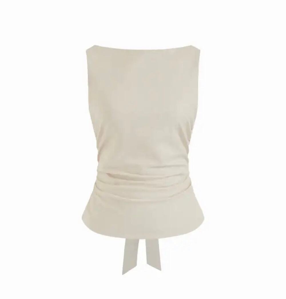 Cider LINEN-BLEND BOAT NECKLINE SOLID BOWKNOT TANK TOP Beige Small